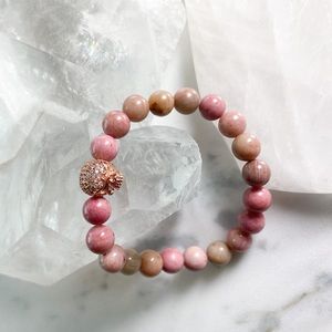 Designer Mala Rhodonite Beads with rose gold scull